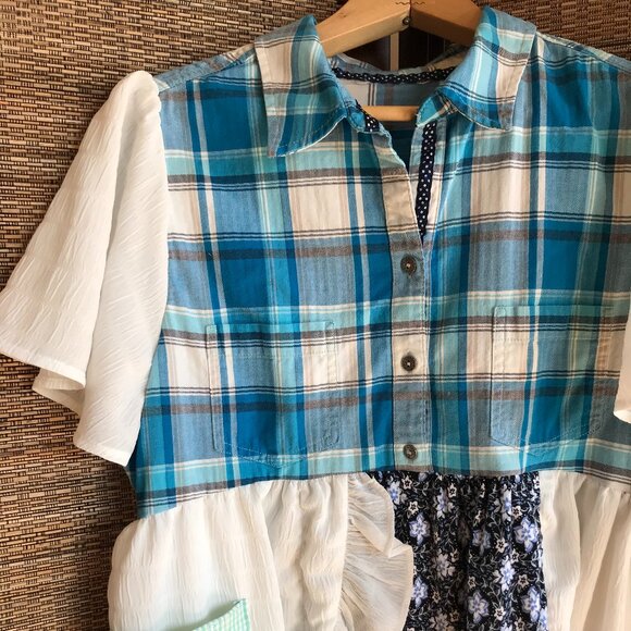 Upcycled Flowy Boho Patchwork Tunic, Size M: Ruffled Hippie Blouse, Bell Sleeves - Picture 13 of 15